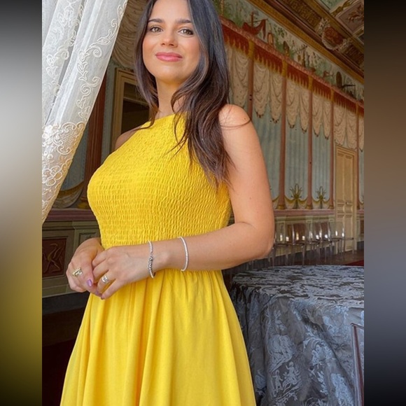 Shirred Cami Yellow Flared Maxi Long Dress Asymmetrical Hem - Picture 11 of 14